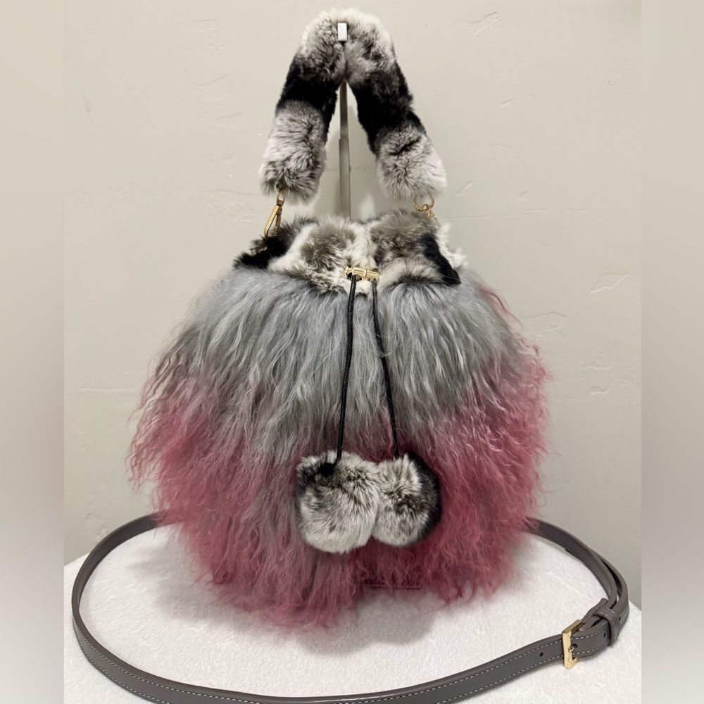Handmade Real Mongolian Lamb Fur Drawstring Bucket Bag Includes 2 Strap Styles